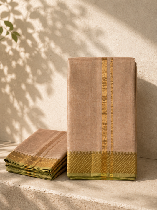 Natural Beige Mangalagiri Silk Cotton Veshti Set with Olive Green Zari Border