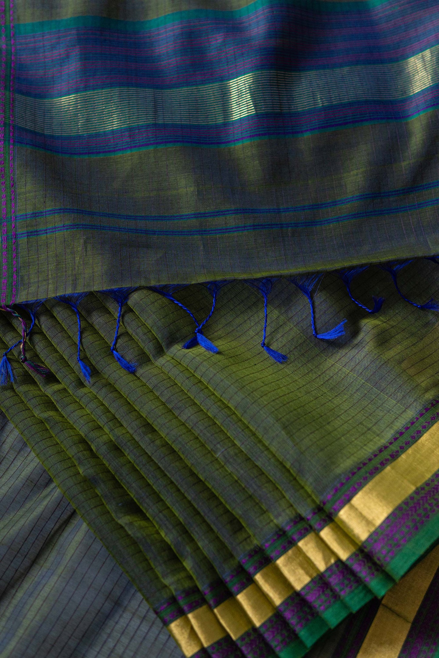 Algae Green Striped Body with Multi Colour Border Silk Cotton Saree