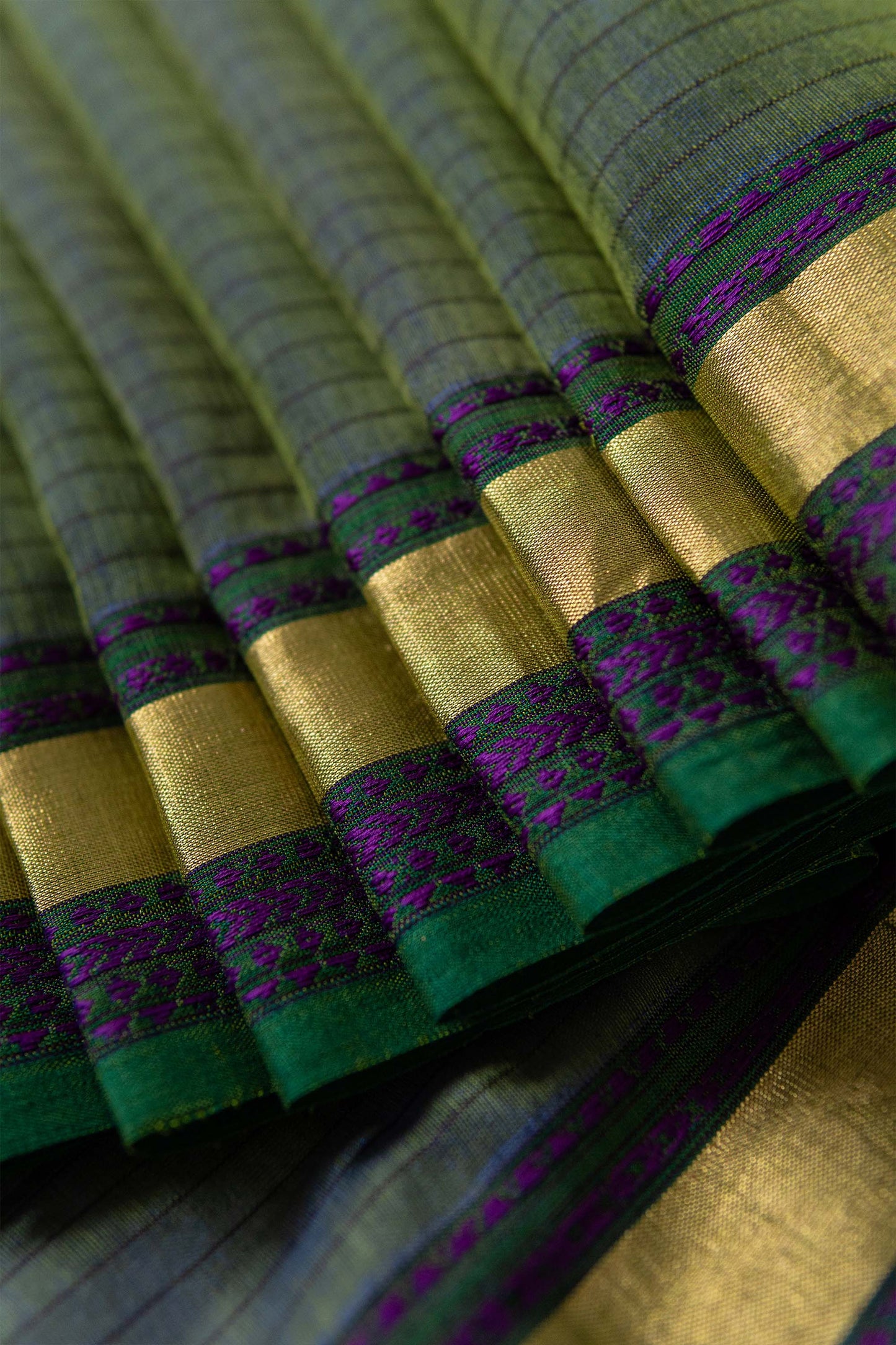 Algae Green Striped Body with Multi Colour Border Silk Cotton Saree