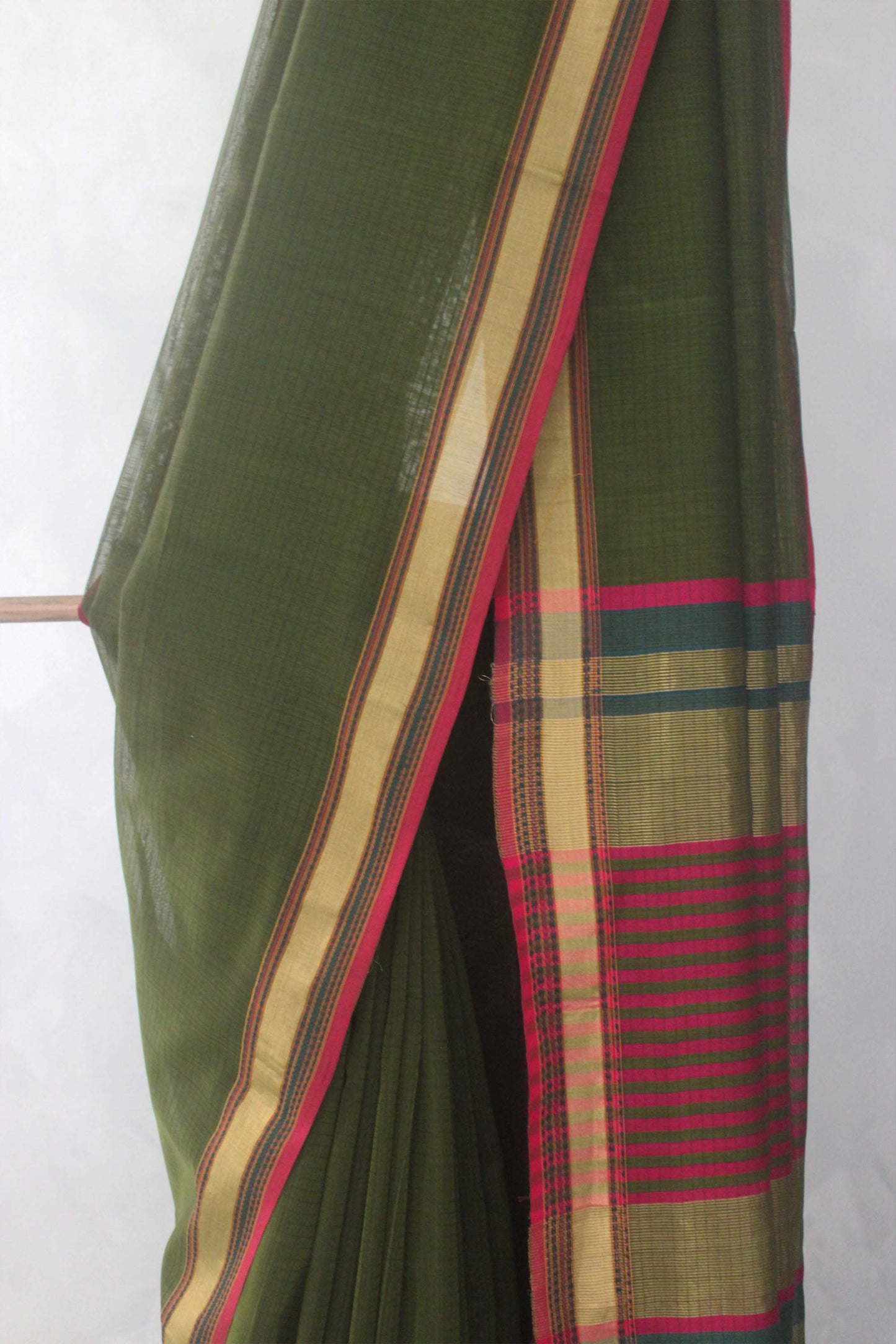 Algae Green Striped Body with Multi Colour Border Silk Cotton Saree