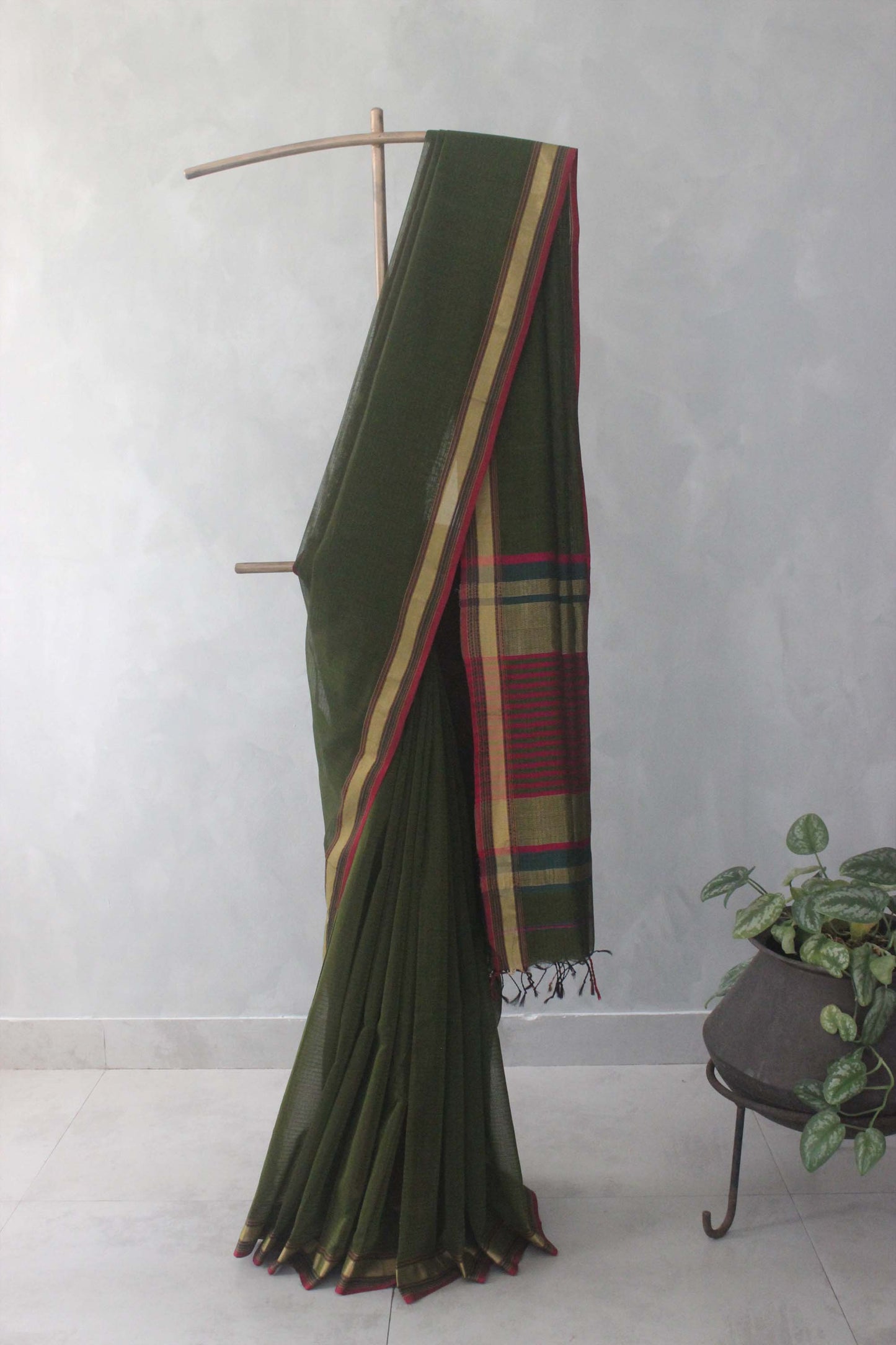 Algae Green Striped Body with Multi Colour Border Silk Cotton Saree