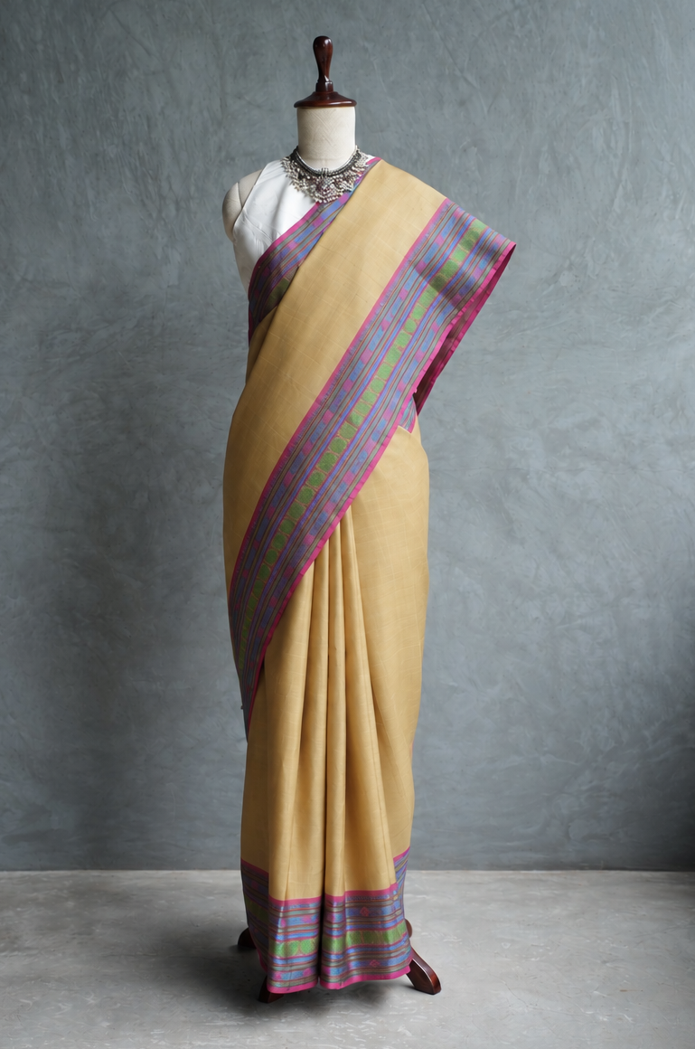 Dark Beige Kanjivaram Silk Saree with Multicolour Thread Work Border
