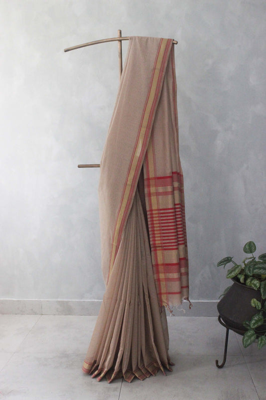 Light brown striped body with Multi colour border silk cotton saree