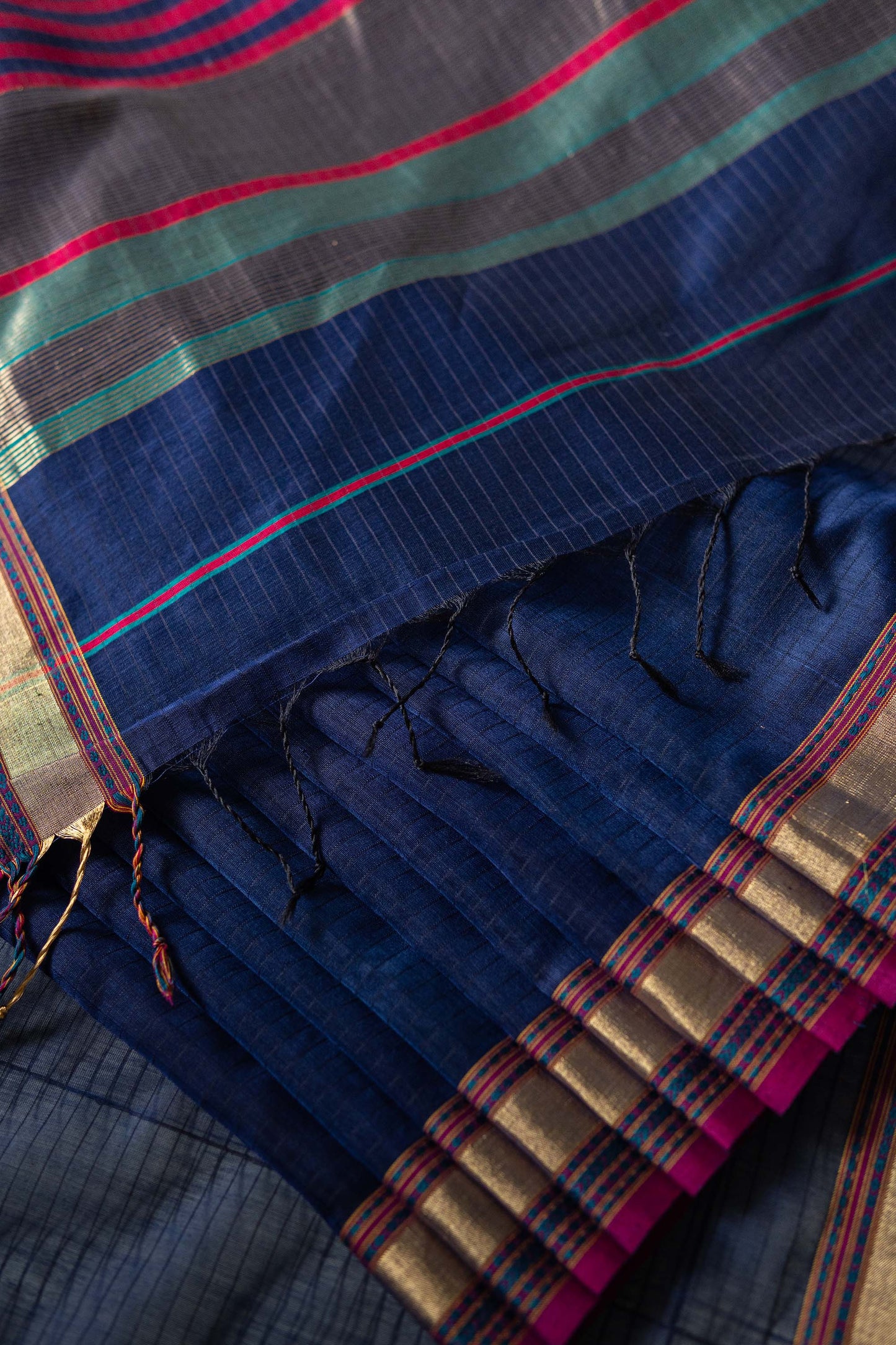 Dark Blue Striped Body with Multi Colour Border Silk Cotton Saree