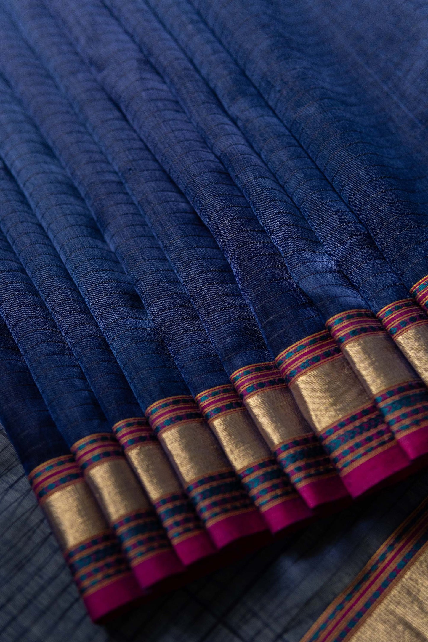 Dark Blue Striped Body with Multi Colour Border Silk Cotton Saree