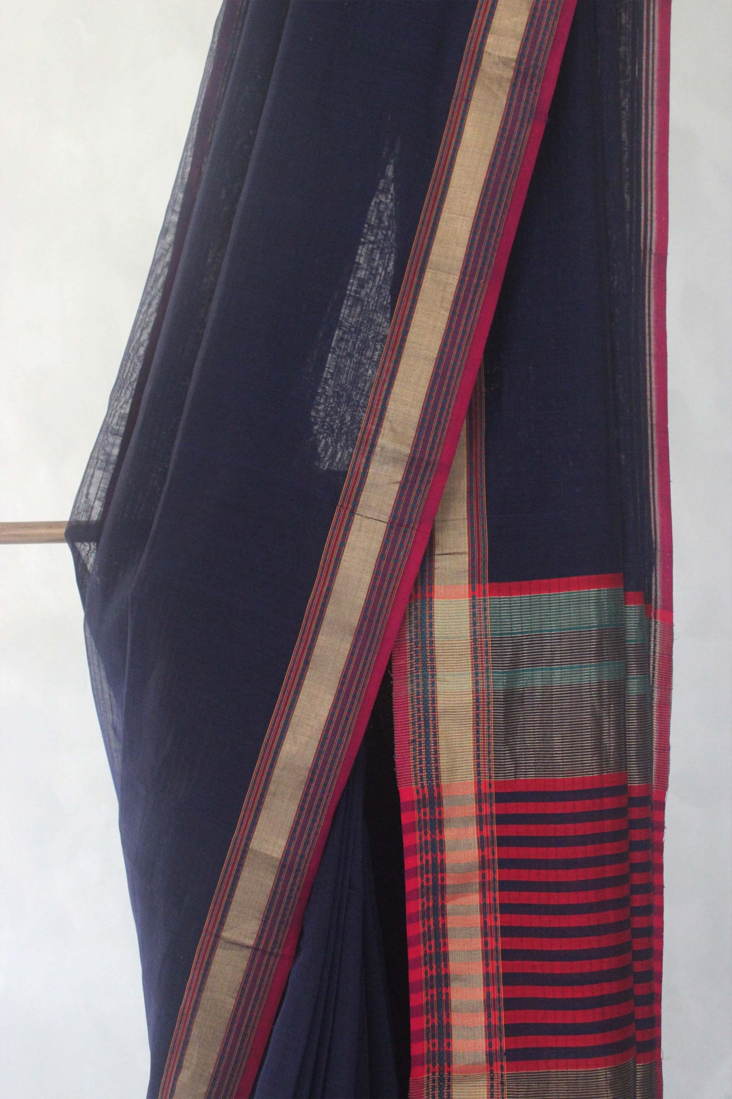 Dark Blue Striped Body with Multi Colour Border Silk Cotton Saree