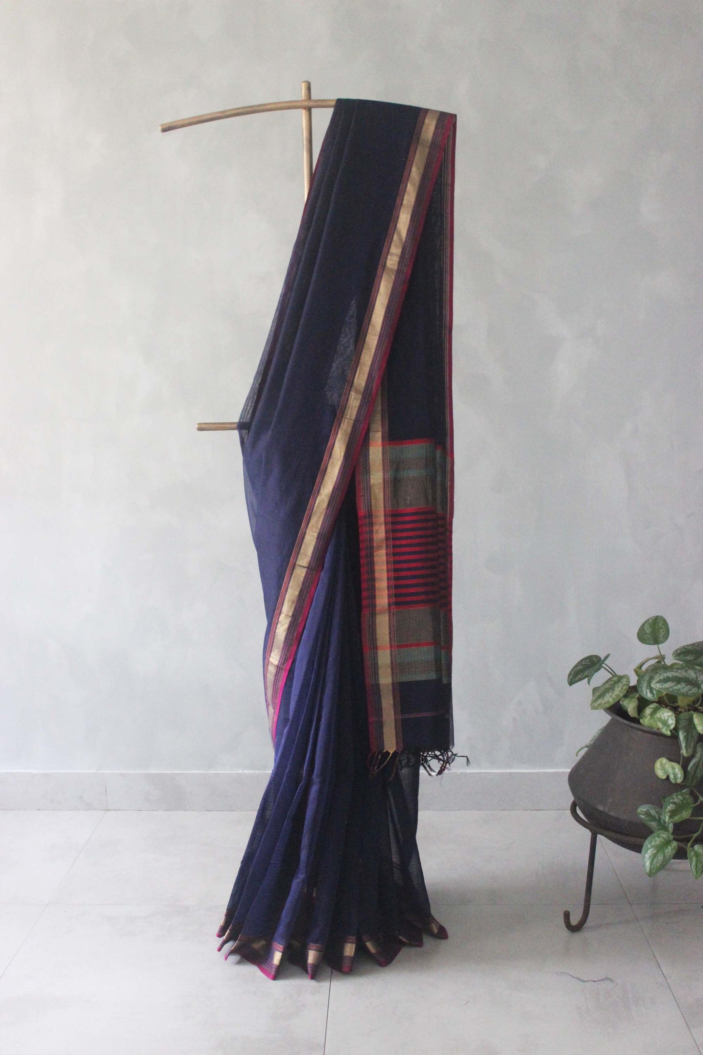 Dark Blue Striped Body with Multi Colour Border Silk Cotton Saree