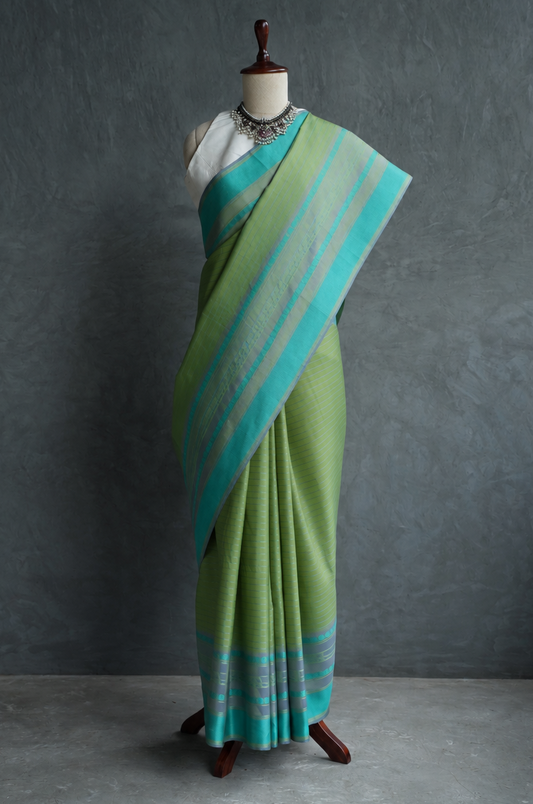 Pista Green Kanjivaram Silk Saree with Multicolour Thread Work Border