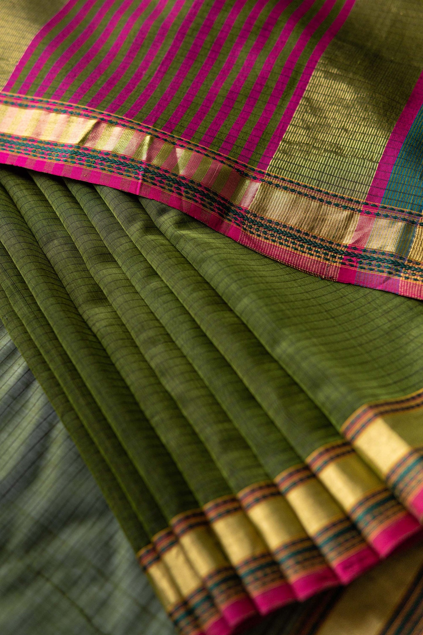 Green Striped Body with Multi Colour Border Silk Cotton Saree