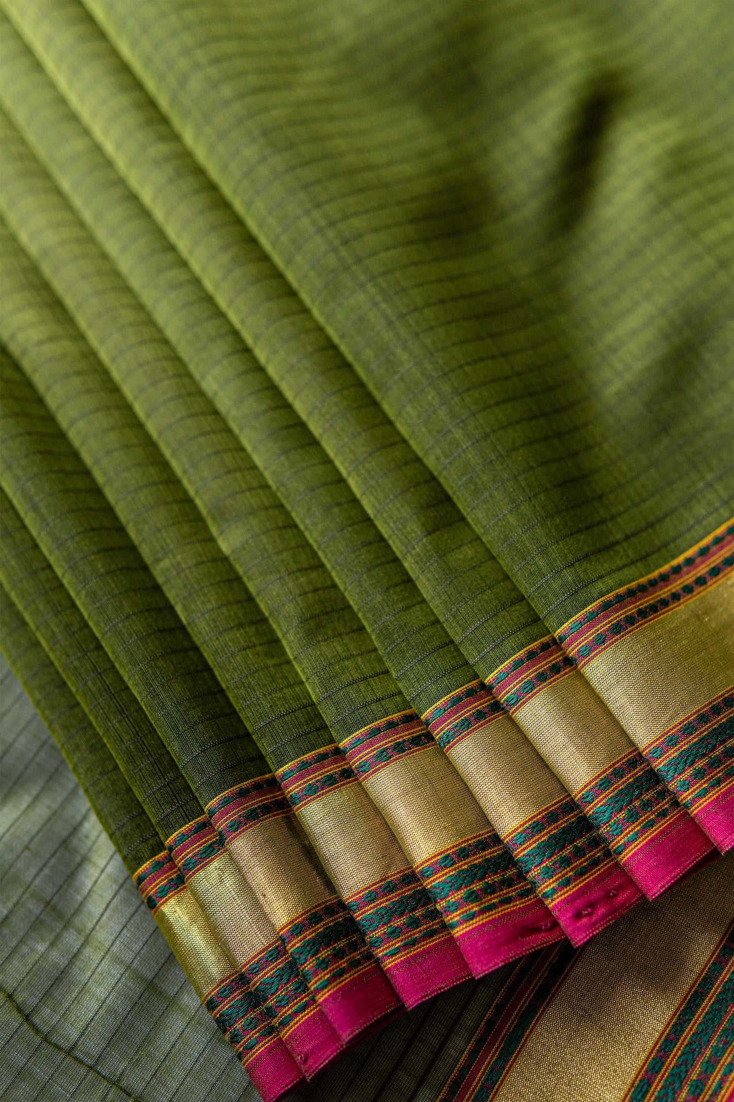 Green Striped Body with Multi Colour Border Silk Cotton Saree