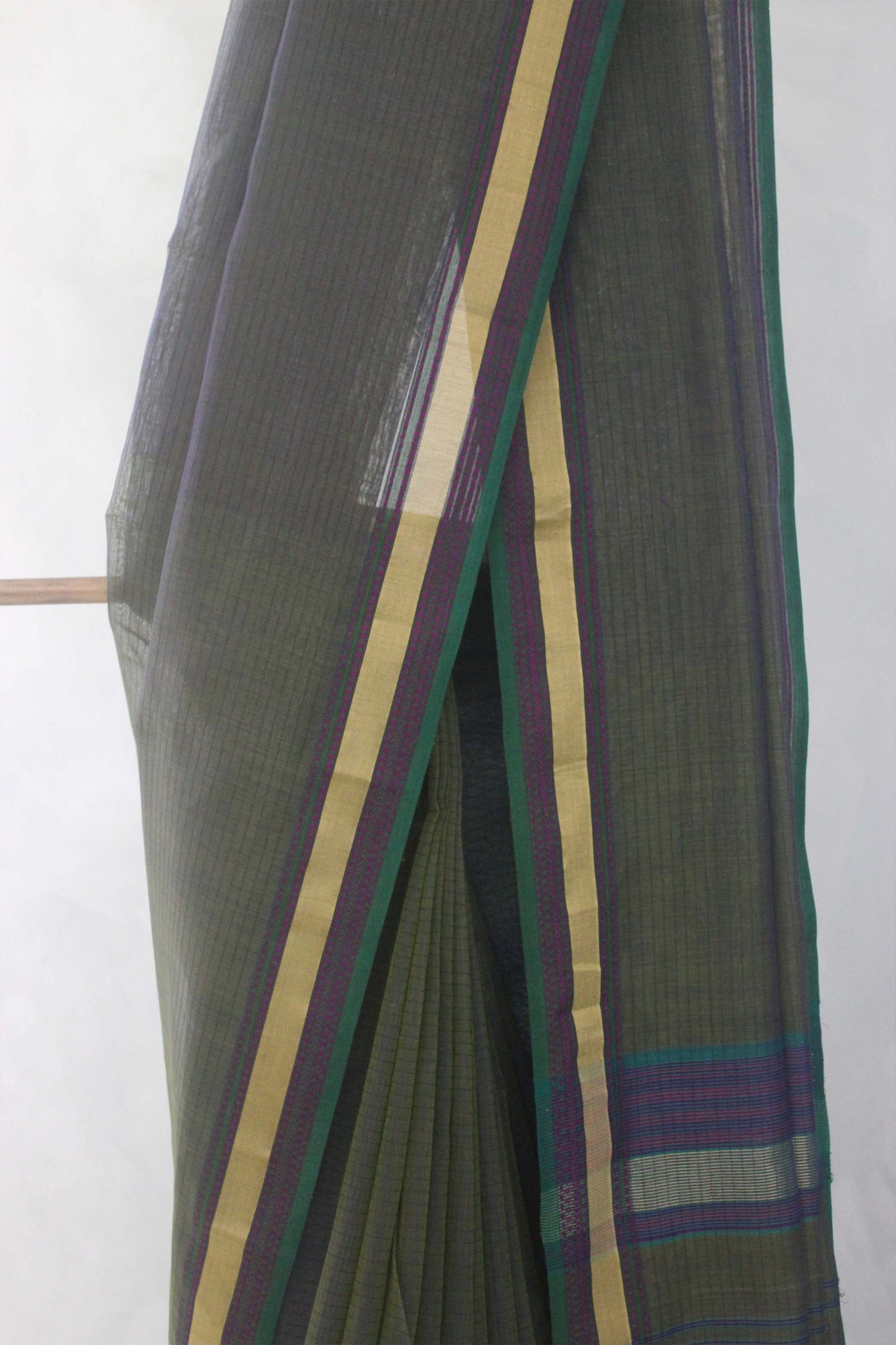 Green Striped Body with Multi Colour Border Silk Cotton Saree