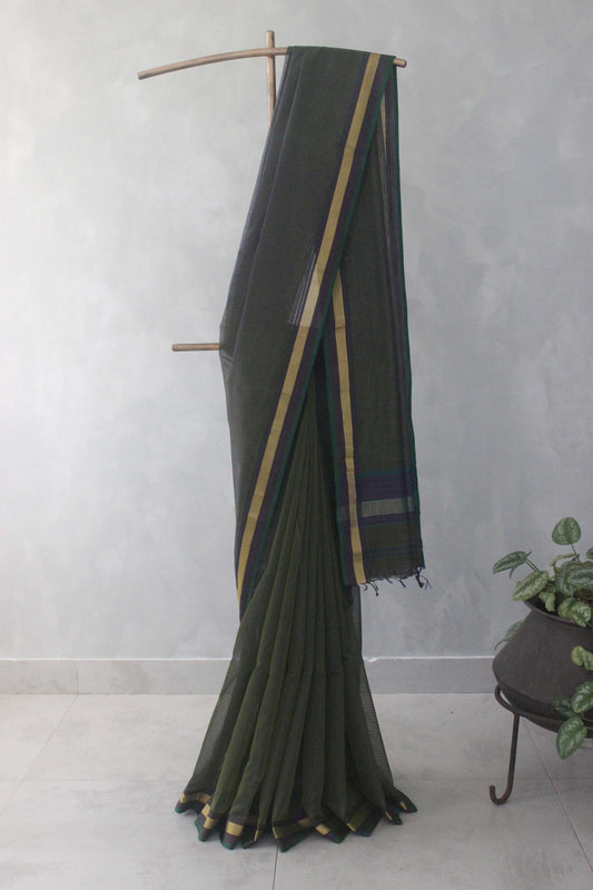 Green Striped Body with Multi Colour Border Silk Cotton Saree