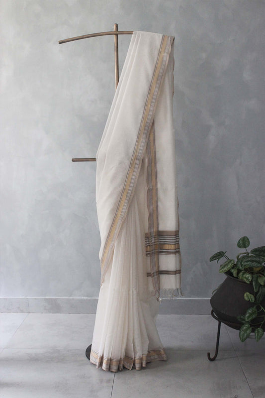 Off White Striped Body with Multi Colour Border Silk Cotton Saree