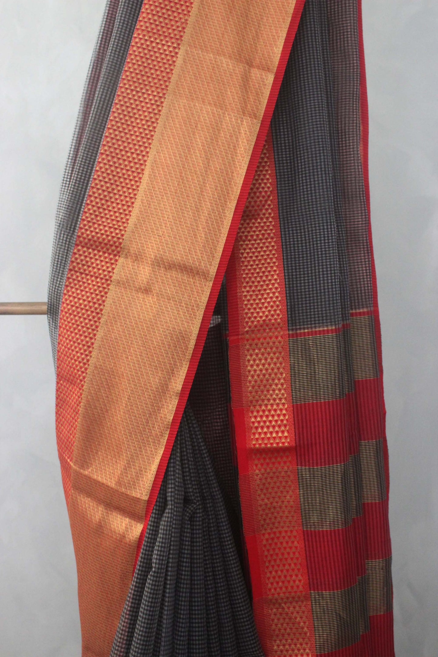 Charcoal Grey Checked Body with Rassa Border Silk Cotton Saree