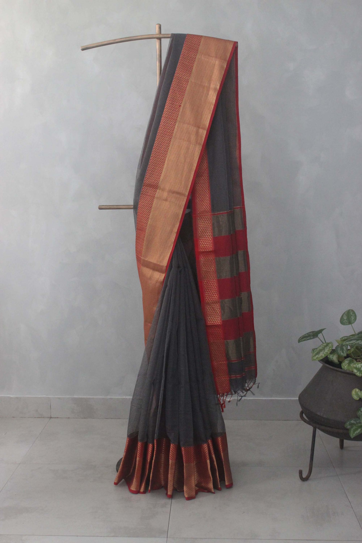 Charcoal Grey Checked Body with Rassa Border Silk Cotton Saree