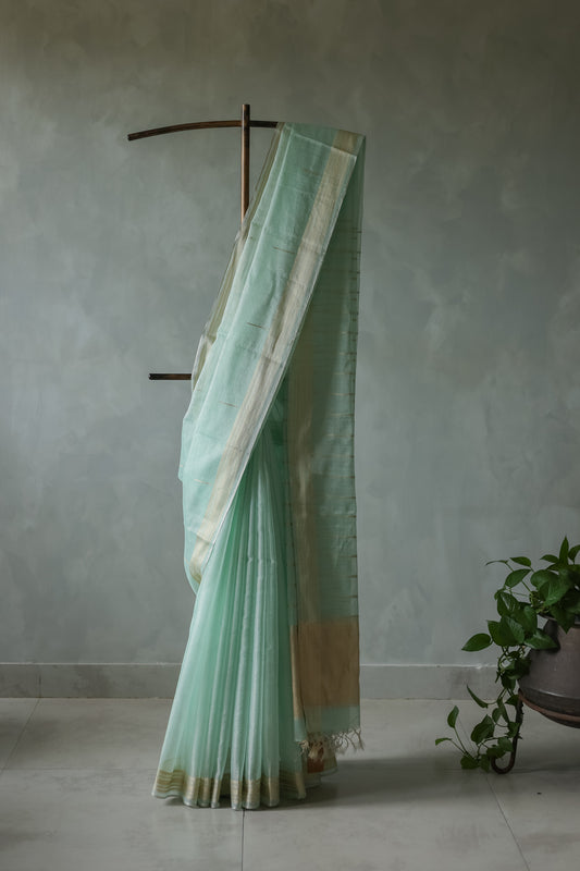 Sea Green Silk Cotton Tissue Doby Border Khapa Line Pallu Saree