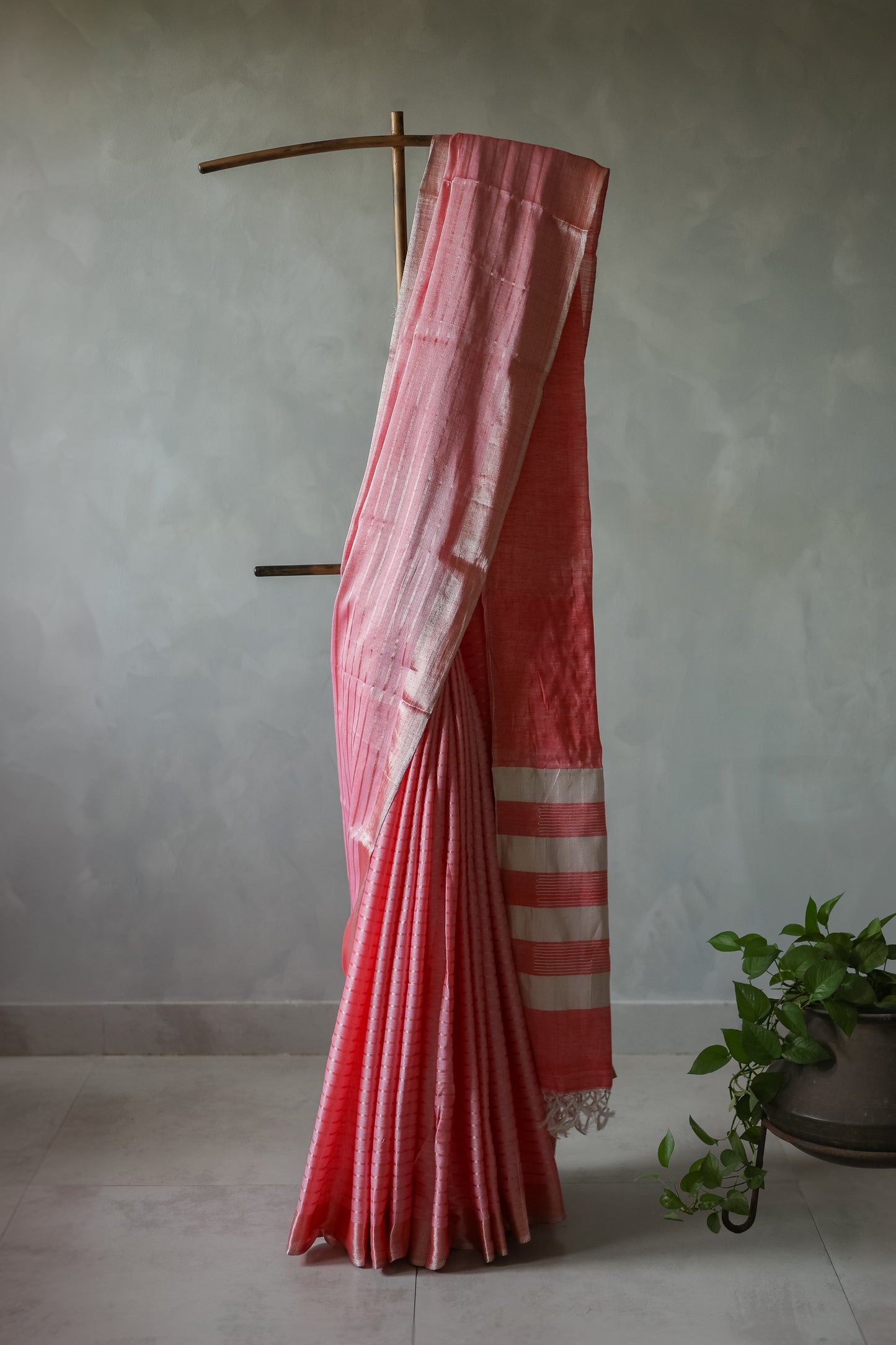 Light Pink Silk Cotton All Over Zari Striped Twill Saree