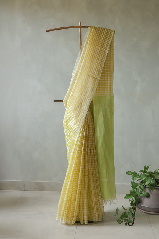 Green and Yellow Small Checks with Plain Pallu Saree