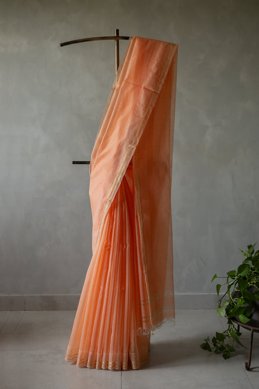 Peach Silk Cotton with Barcode Zari Border Saree