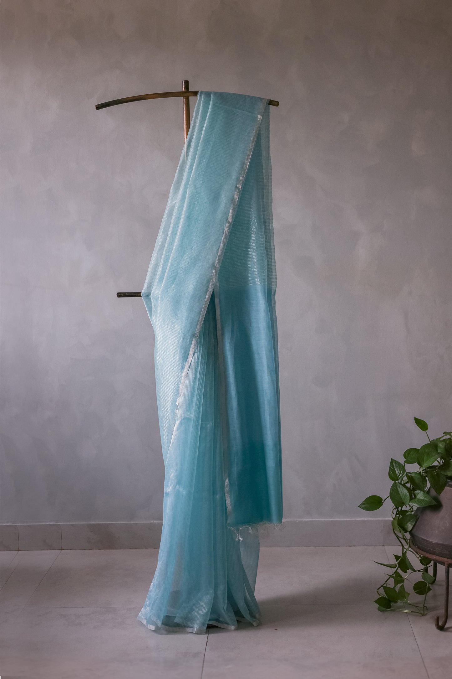 Sky Blue Silk Cotton All Over Silver Pin Striped Saree