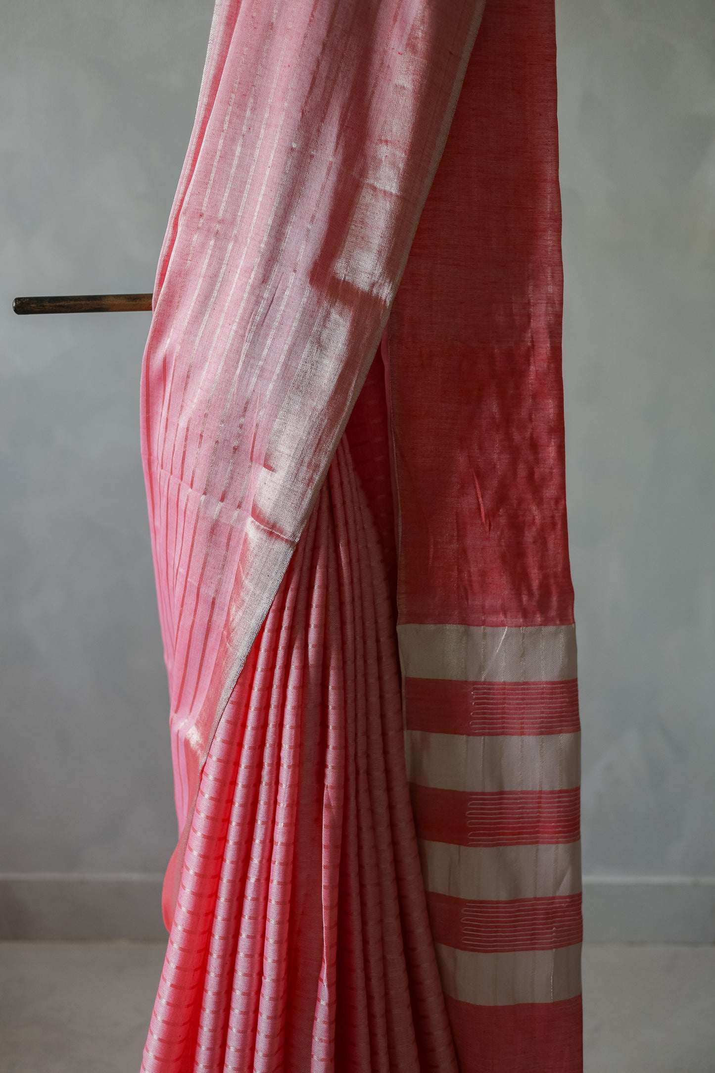 Light Pink Silk Cotton All Over Zari Striped Twill Saree