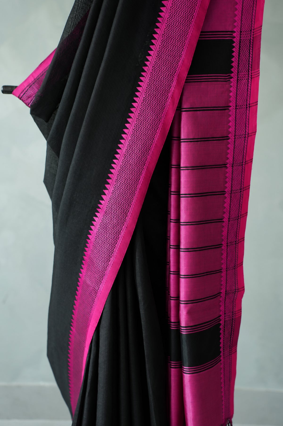 Black with Rani Pink Border Mangalagiri Silk Cotton Saree