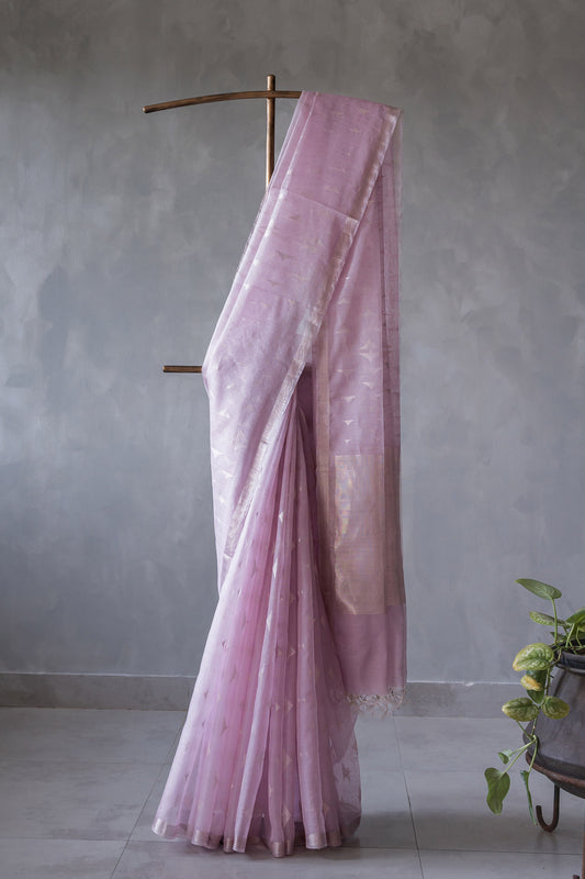 Lilac Pink Silk Cotton with All Over Triangle Motif Saree