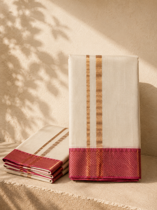 Classic Off-White Mangalagiri Silk Cotton Veshti Set with Maroon Zari Border