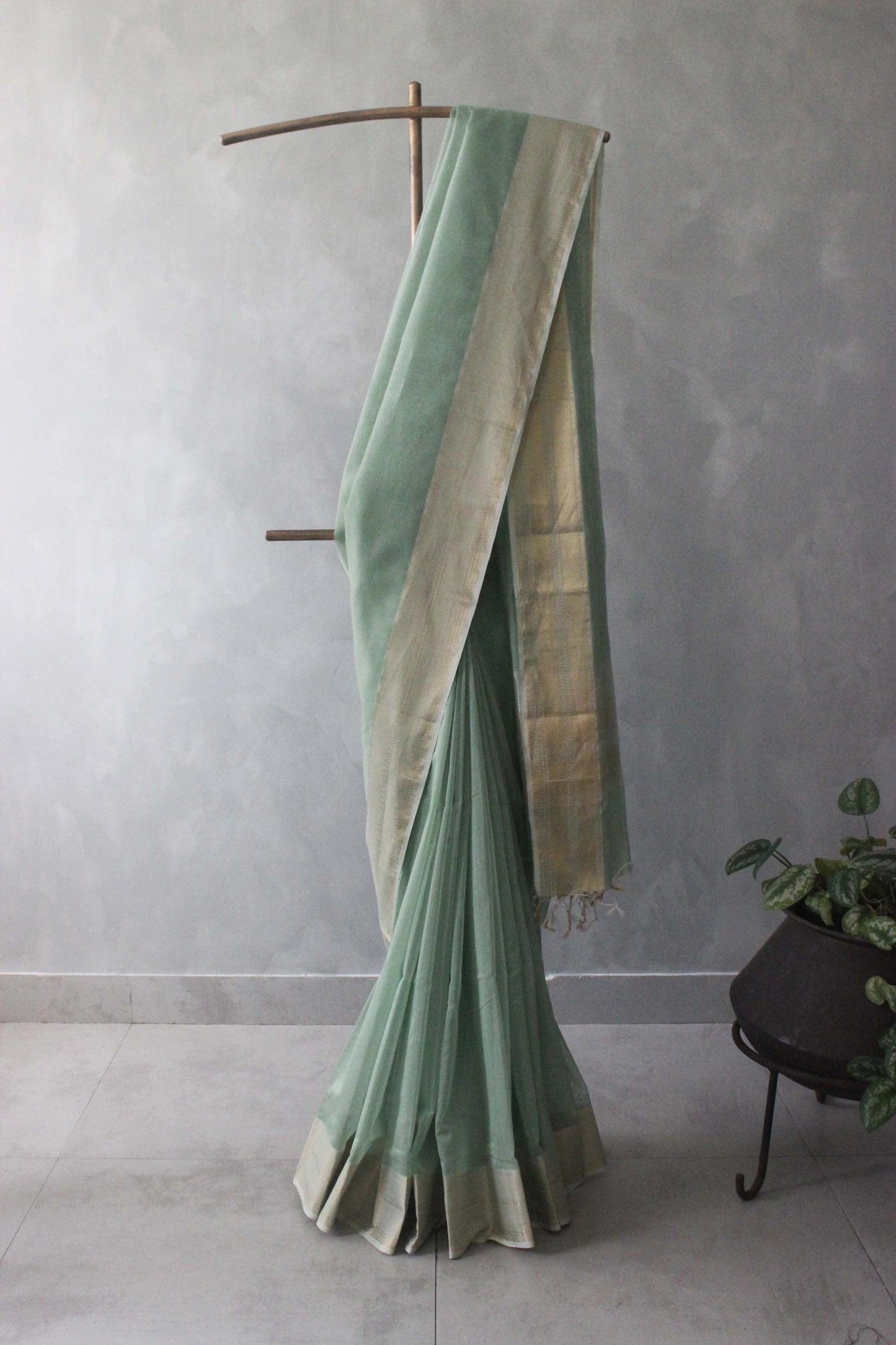 Teal Green Multi Dobby Zari Border Silk Cotton Saree