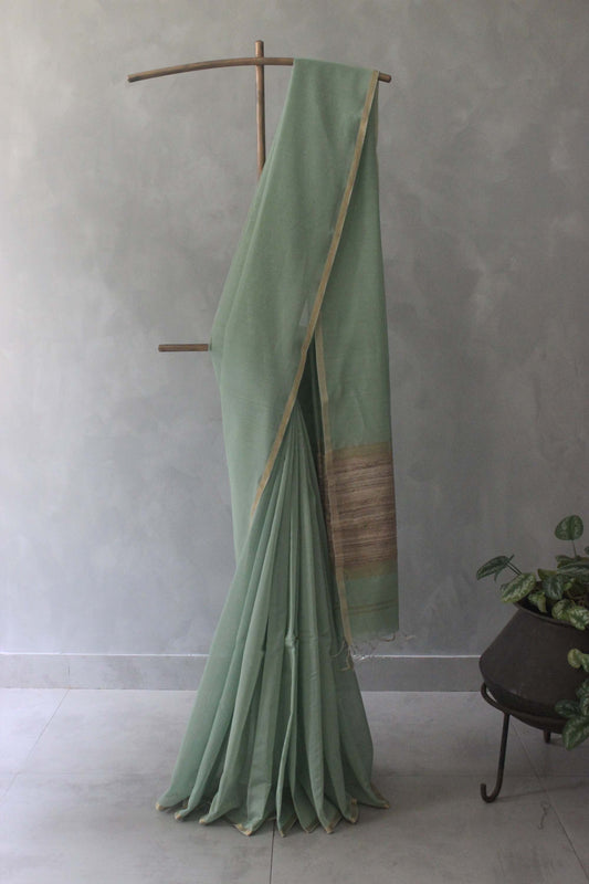 Light Green Plain Body with Gheecha Pallu Silk Cotton Saree