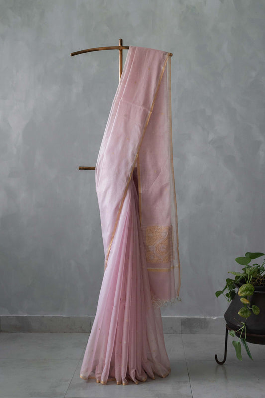 Pink Silk with Mercerized Cotton 3-leaf Motif Ambi Pallu Saree