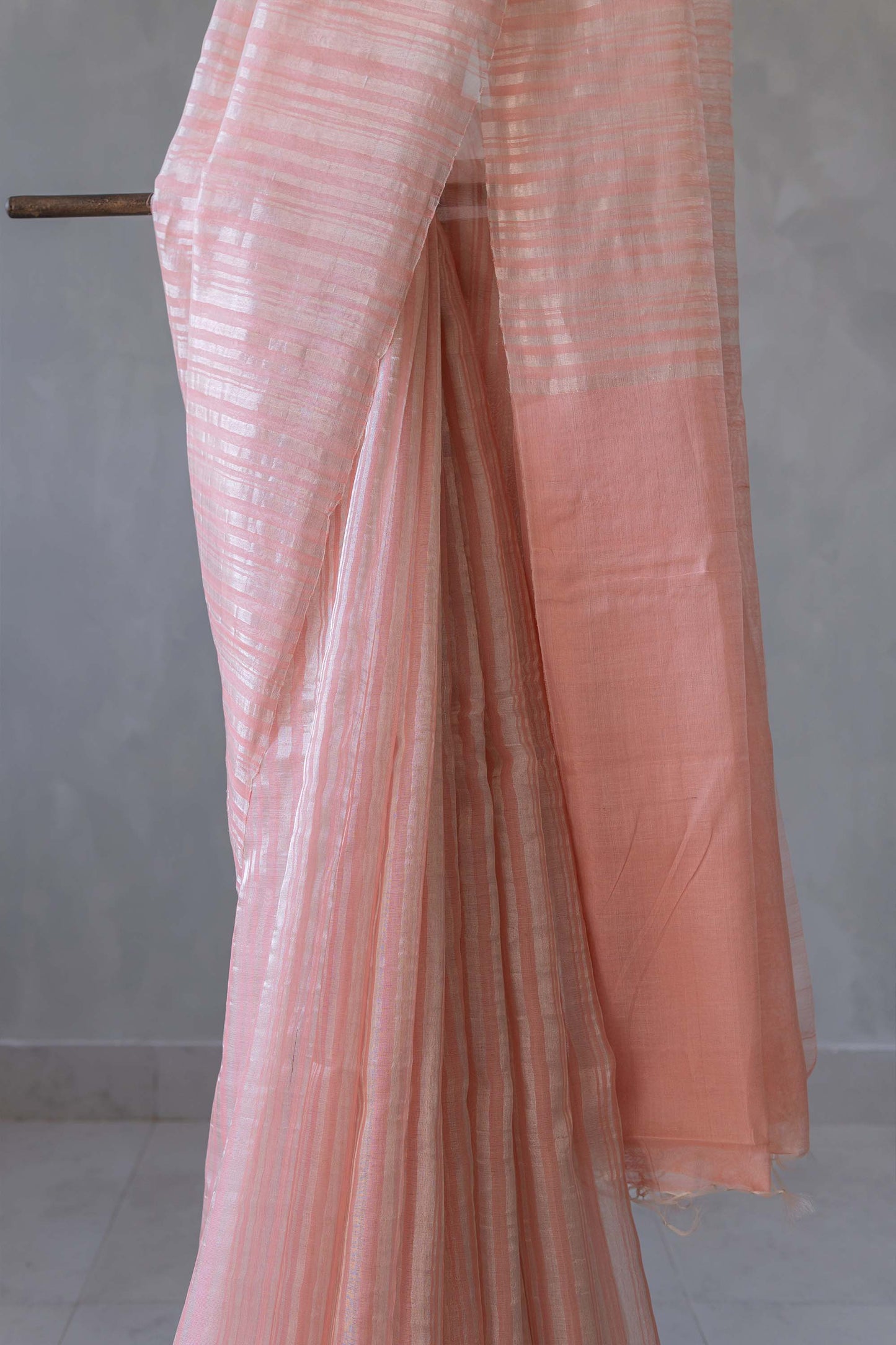 Peach Silk with Mercerized Cotton with All Over Stripes and Plain Pallu saree