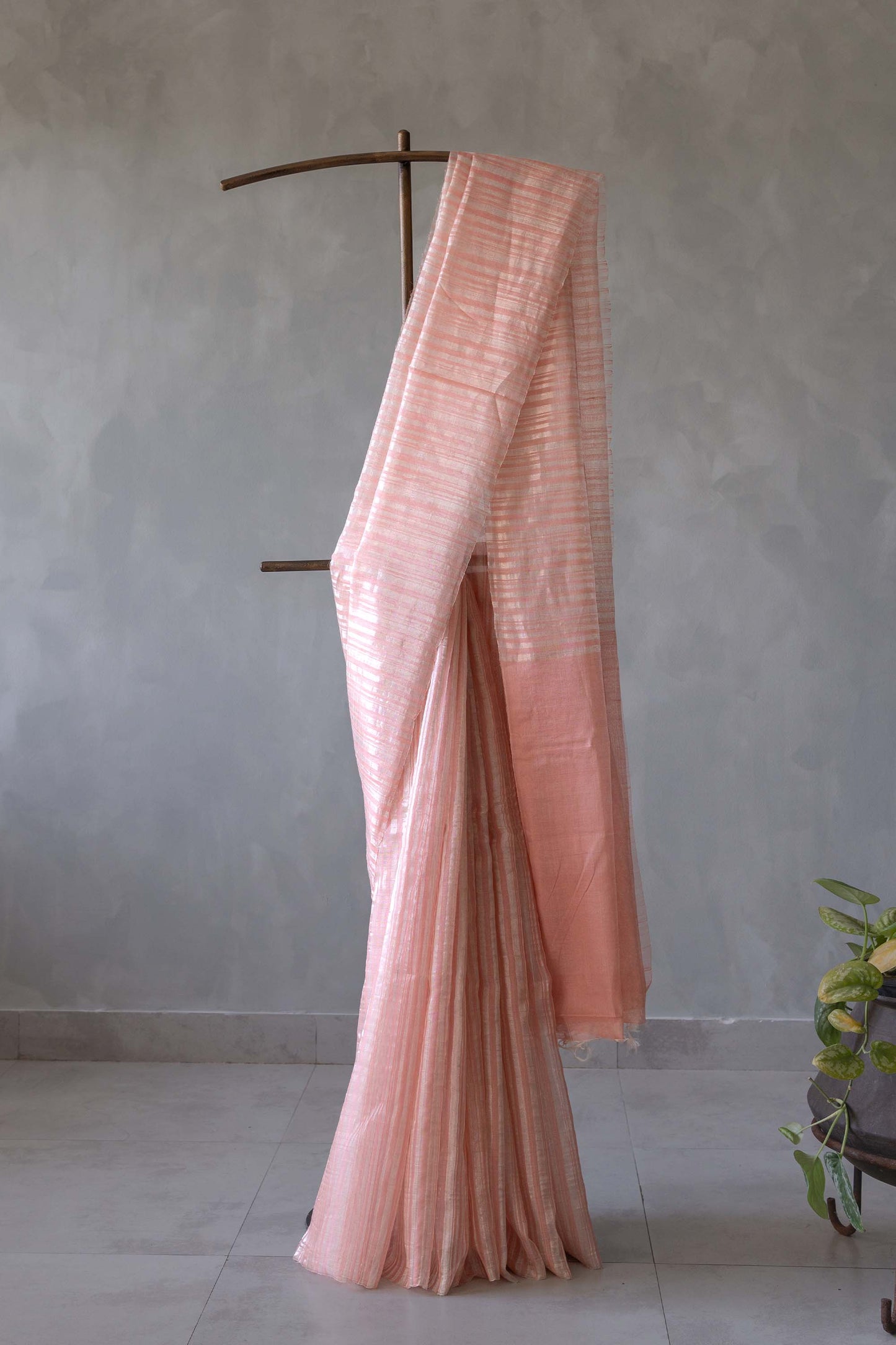 Peach Silk with Mercerized Cotton with All Over Stripes and Plain Pallu saree