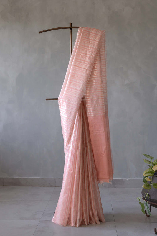 Peach Silk with Mercerized Cotton with All Over Stripes and Plain Pallu saree