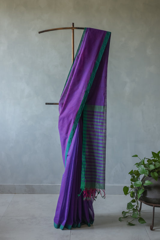 Purple with Green Border Striped Pallu Mangalagiri Cotton Saree