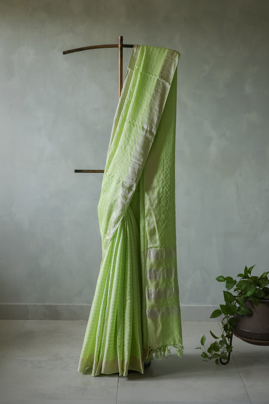 Light Green Silk Cotton All Over Zari Striped Twill Saree