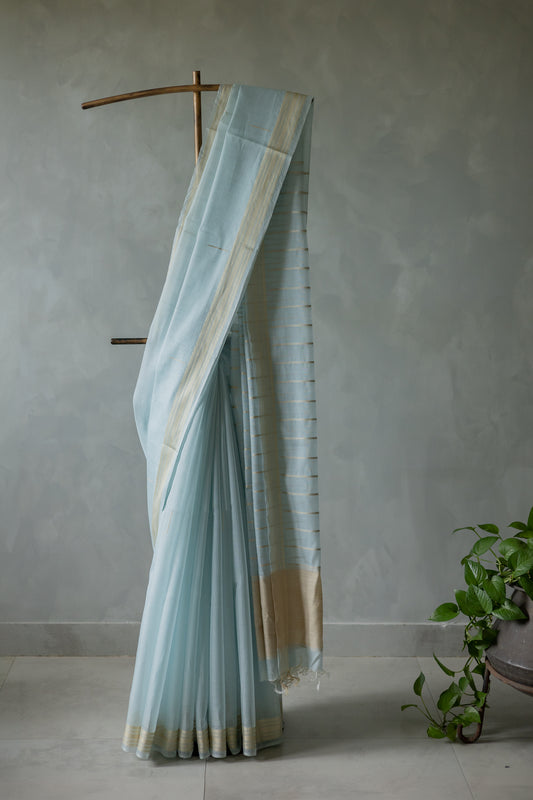 Powder Blue Silk Cotton Tissue Doby Border Khapa Line Pallu Saree