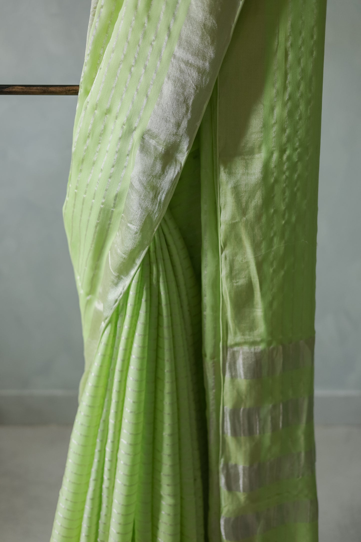 Light Green Silk Cotton All Over Zari Striped Twill Saree