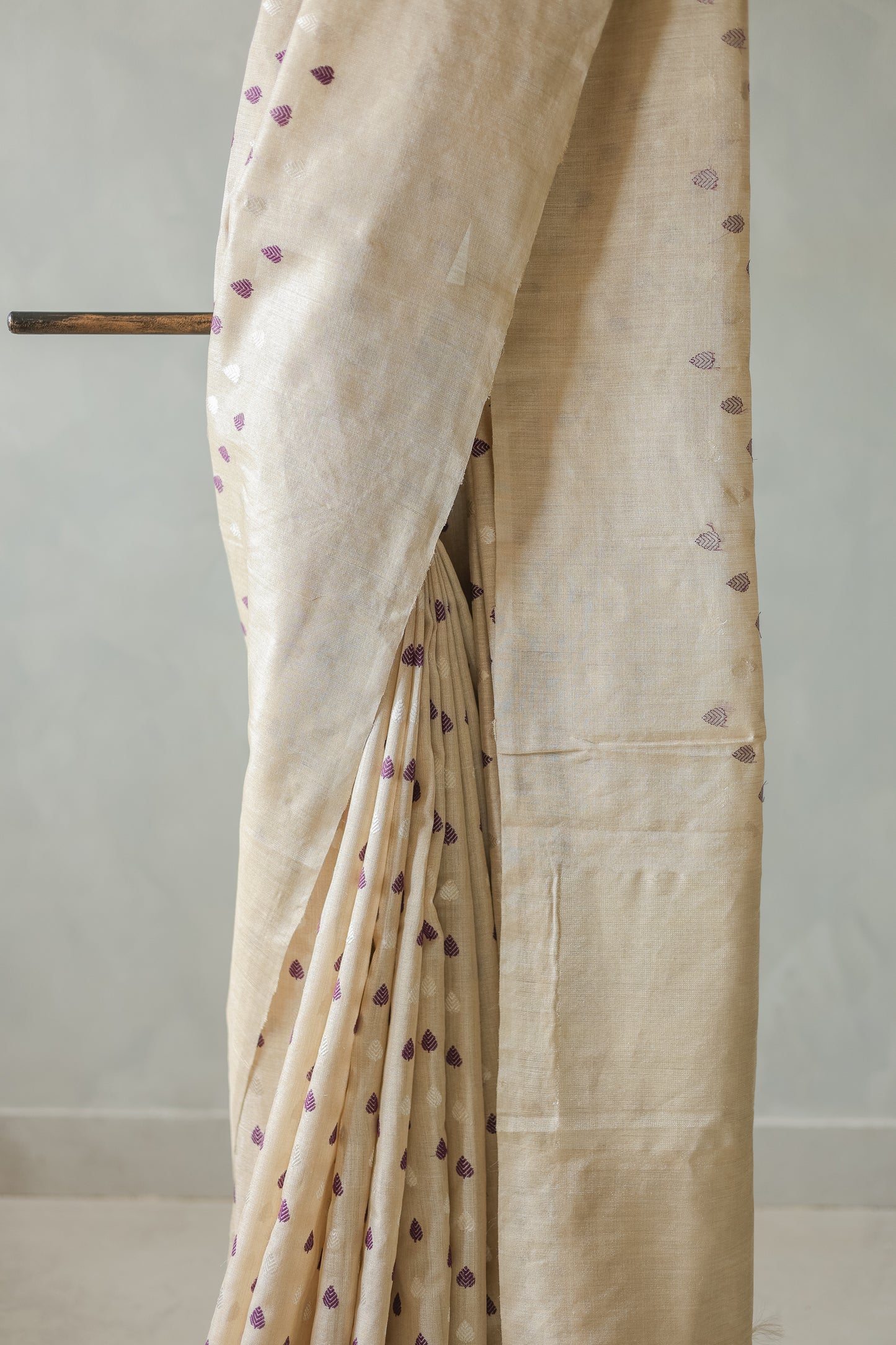 Beige Tussar Moonga Tissue with Purple and White Leaf Motif Saree