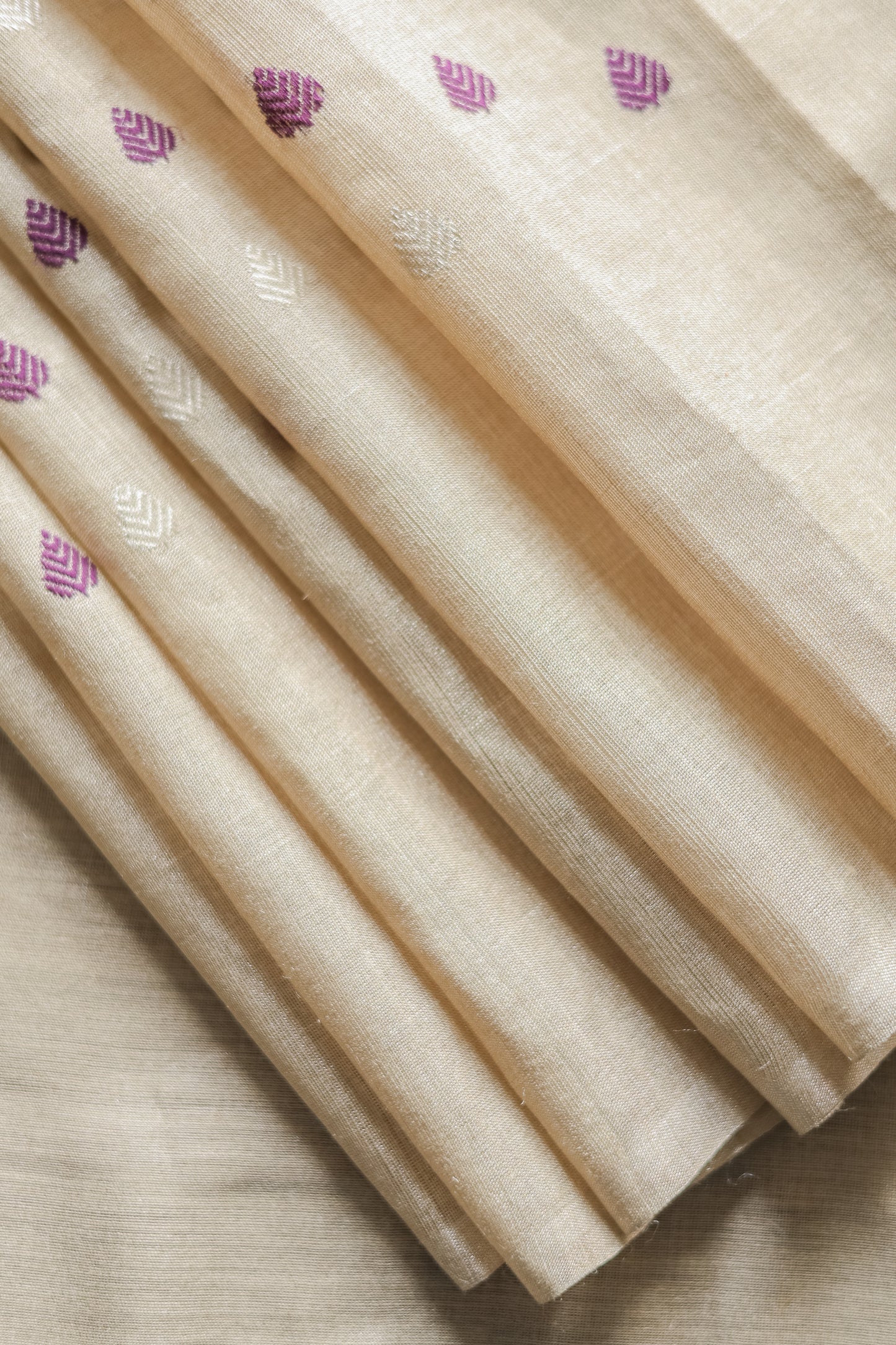 Beige Tussar Moonga Tissue with Purple and White Leaf Motif Saree