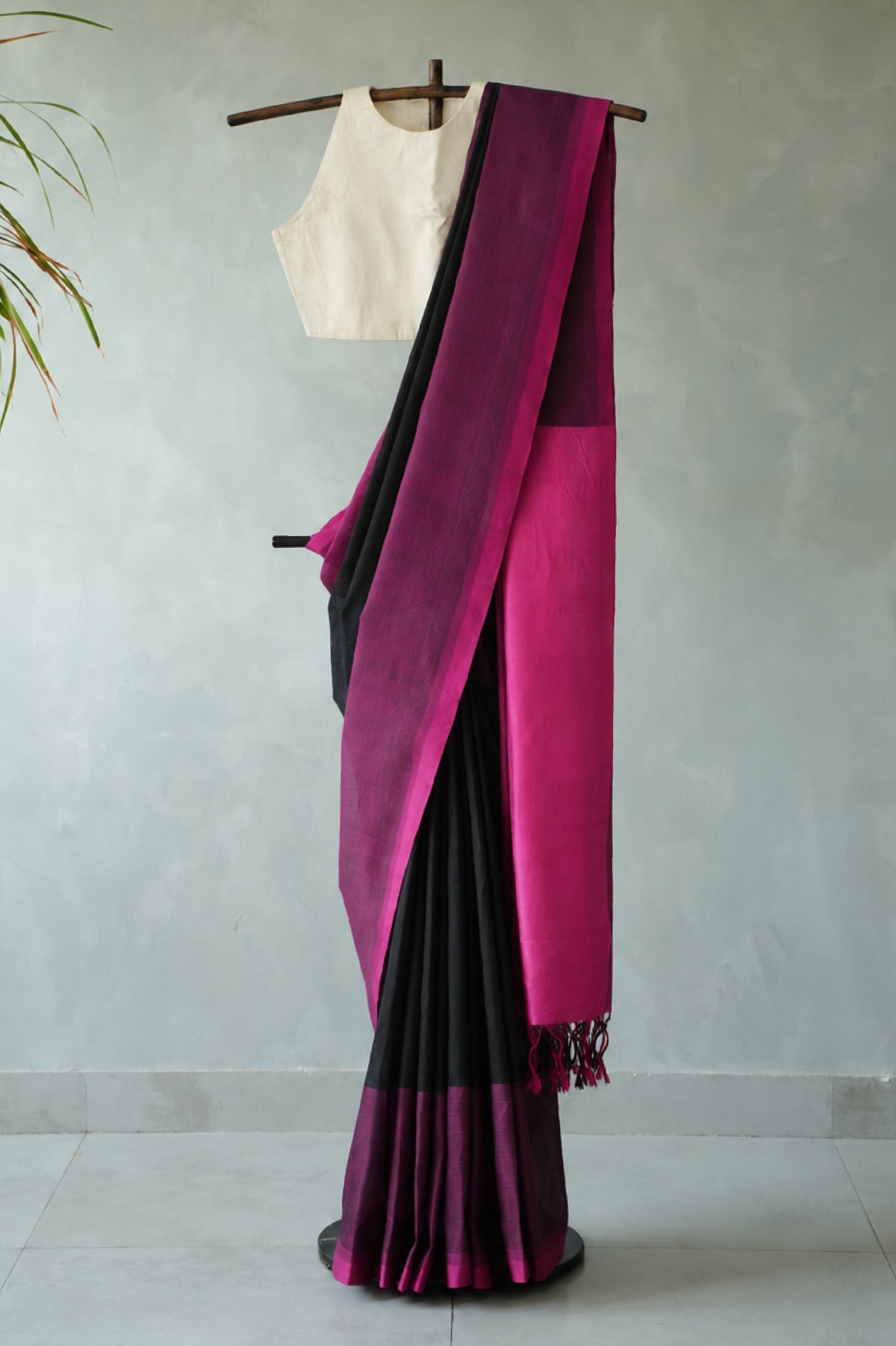Black with Rani Pink Border Mangalagiri Silk Cotton Saree