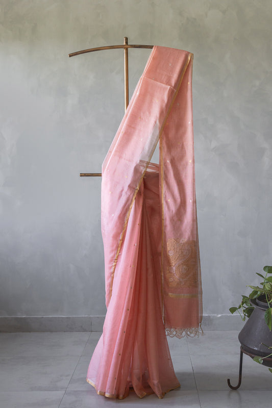 Pink Silk with Mercerised Cotton 3-leaf Motif Ambi Pallu Saree