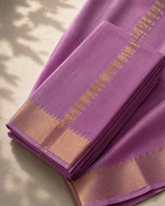 Lavender Mangalagiri Silk Cotton Veshti Set with Gold Zari Border