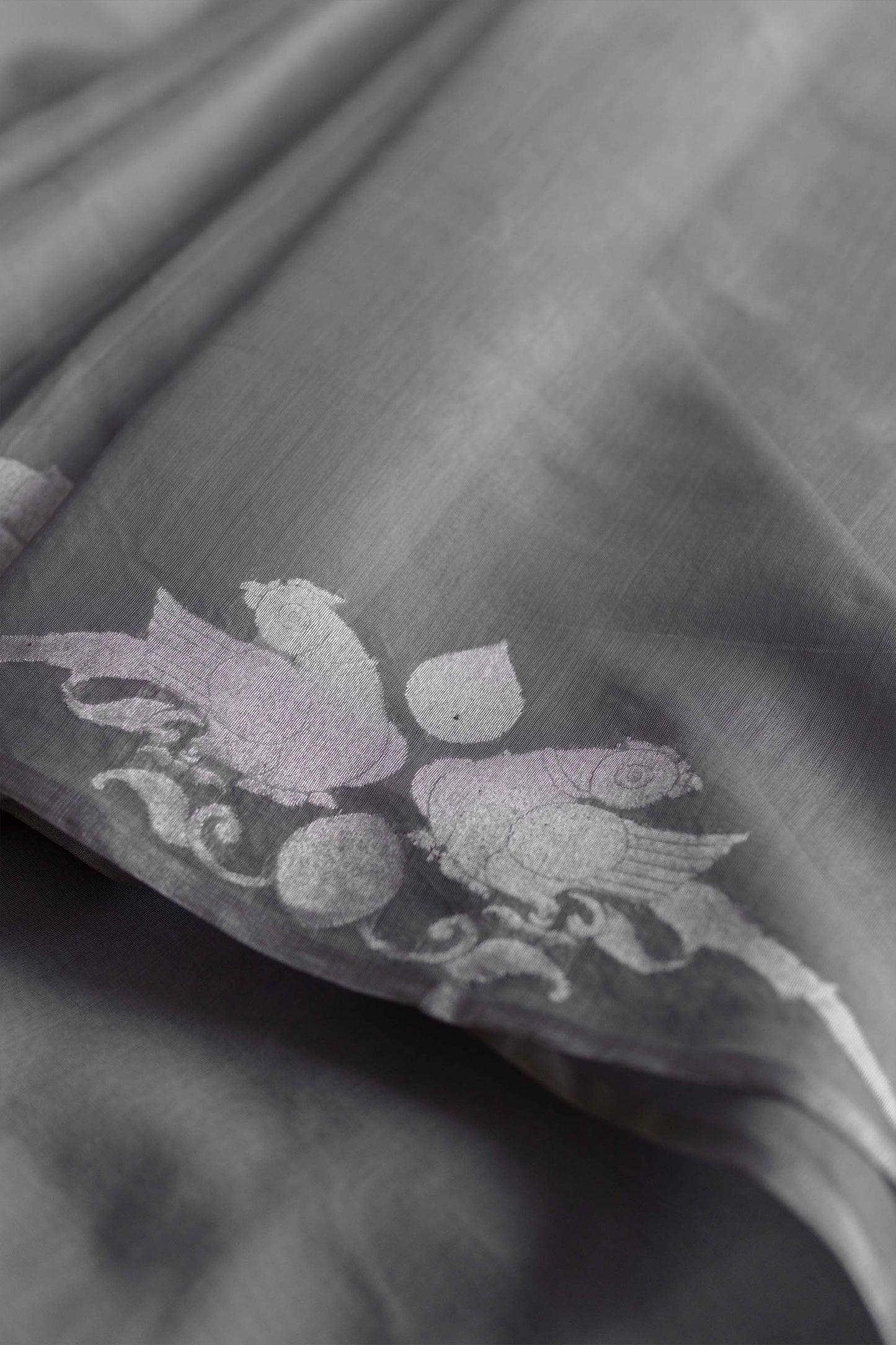 Dark Grey Silk with Mercerized Cotton with Parrot Border and Pallu Saree