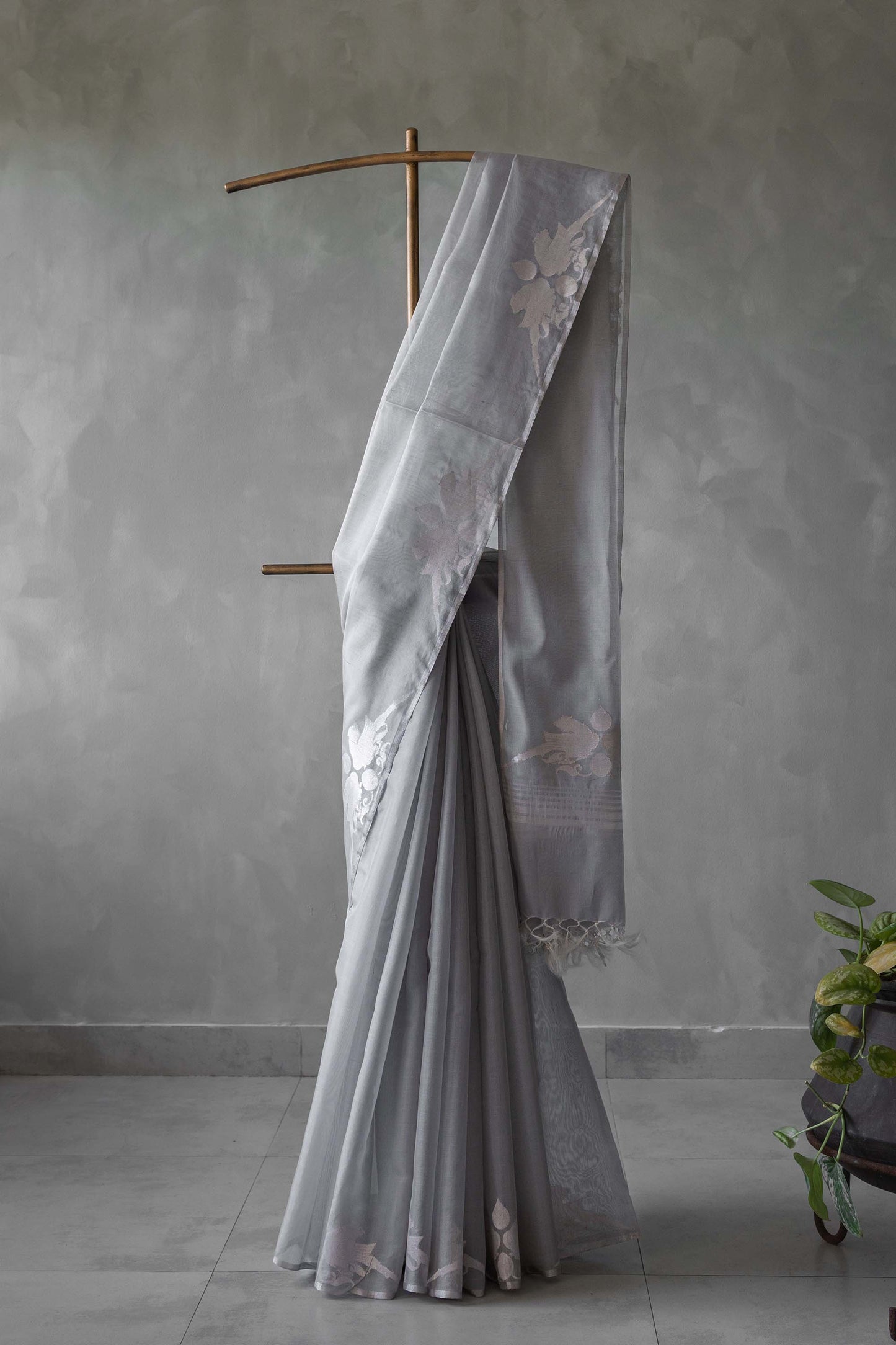 Dark Grey Silk with Mercerized Cotton with Parrot Border and Pallu Saree