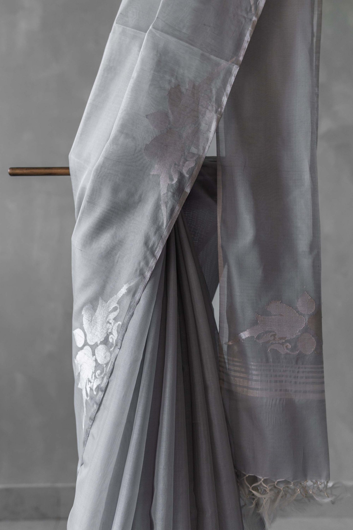 Dark Grey Silk with Mercerized Cotton with Parrot Border and Pallu Saree