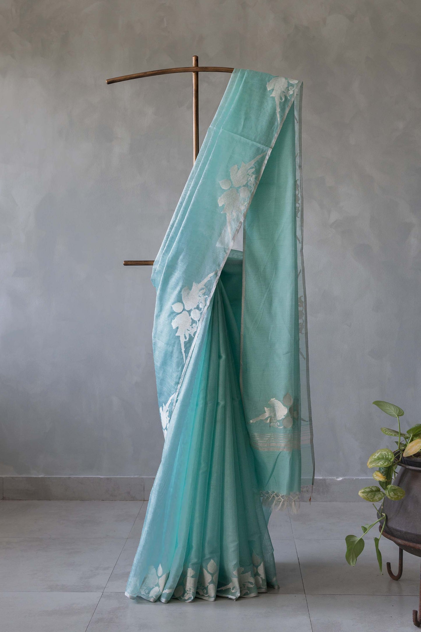 Blue Silk with Mercerized Cotton with Parrot Border and Pallu Saree