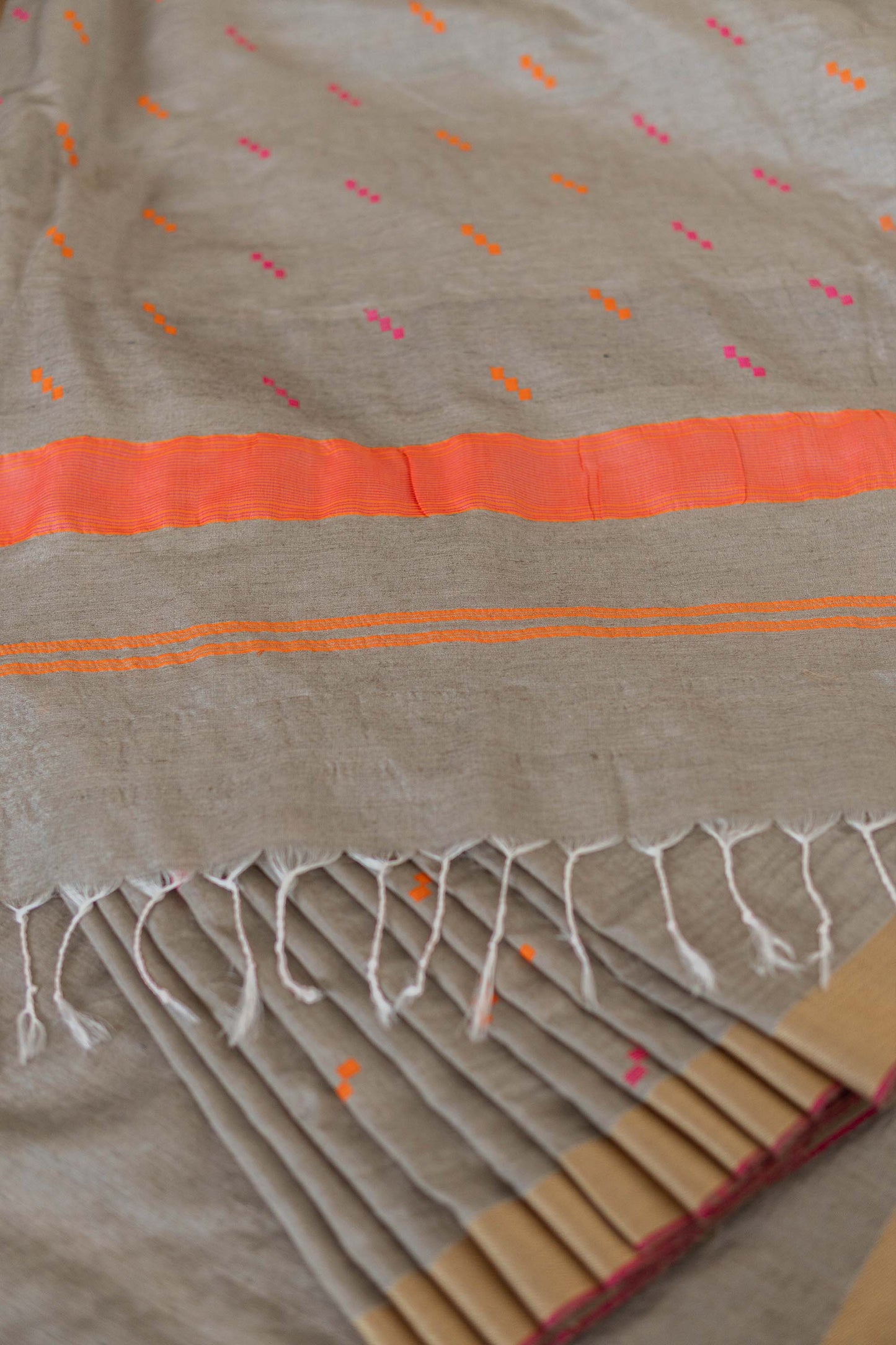 Beige Silk Tussar with Nassi Geometric Motif