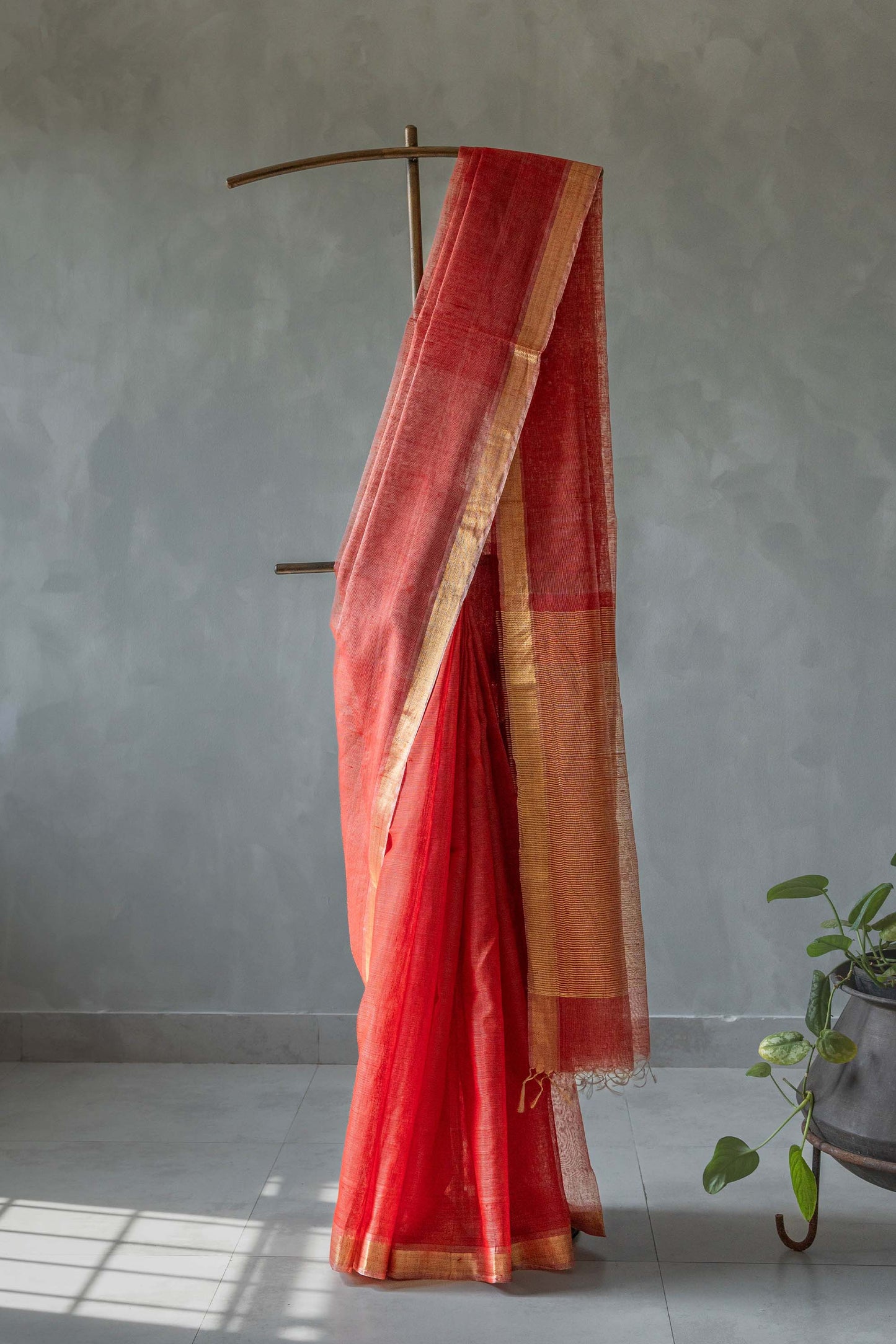 Red Silk Khadi with Zari Border Stripes Pallu Saree