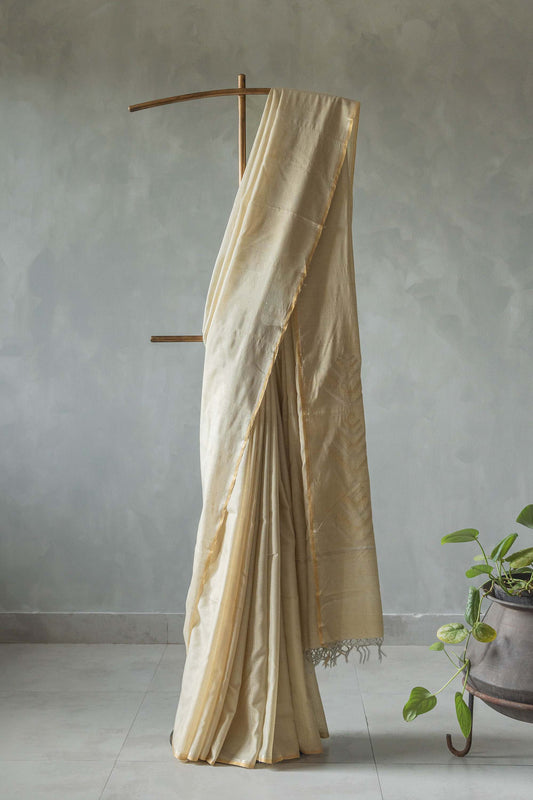 Off White Cotton and Tussar with Plain Body Bengal Pallu Saree